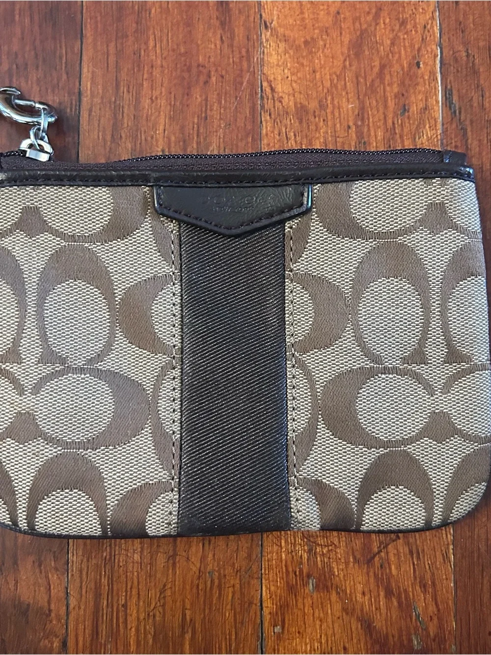 Y2K Coach Signature Stripe Canvas Leather Tan Brown Zip Wristlet Wallet Purse